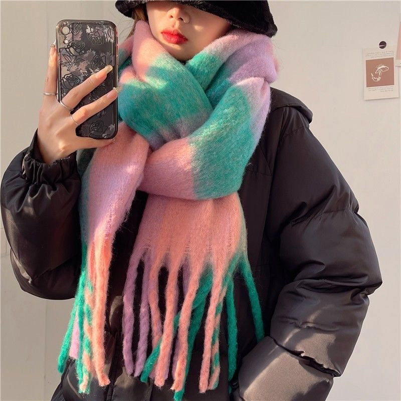 Wholesale Autumn and Winter Rainbow Color-blocked Imitation Cashmere Plaid Tassel Scarf