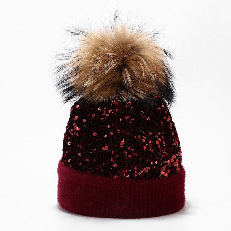Wholesale Dyed Raccoon Fur Ball Sequin Warm Knitted Hat