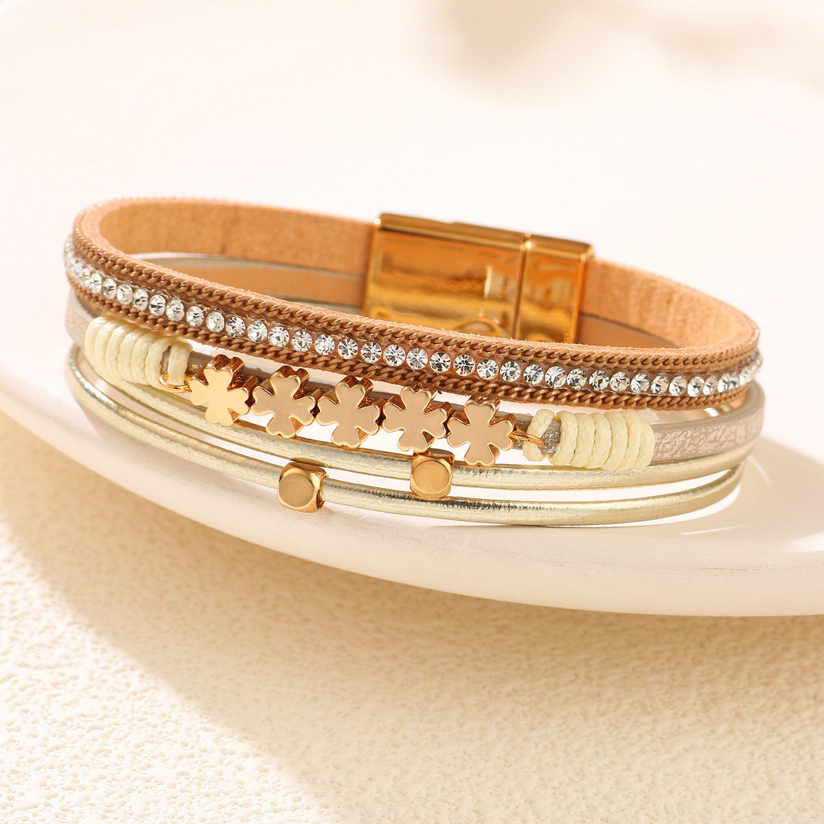 Wholesale Bohemian Four-Leaf Clover Diamond Layered Leather Magnetic Clover Bracelet