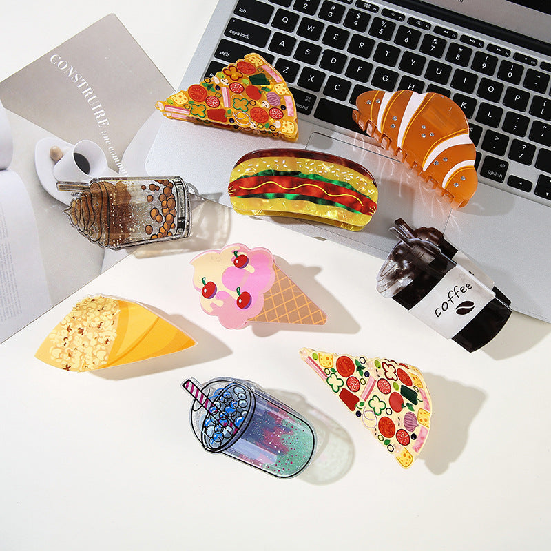 Wholesale Fun Cartoon Food Hair Clips Croissant Burger Pizza Popcorn Design PVC Hair Claw Accessory Chic Everyday Styling And Gift