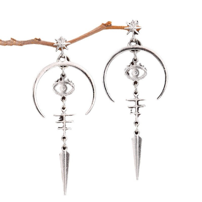 Wholesale Gothic Demon Eye Punk Accessories Antique Silver Moon Metal Long Earrings