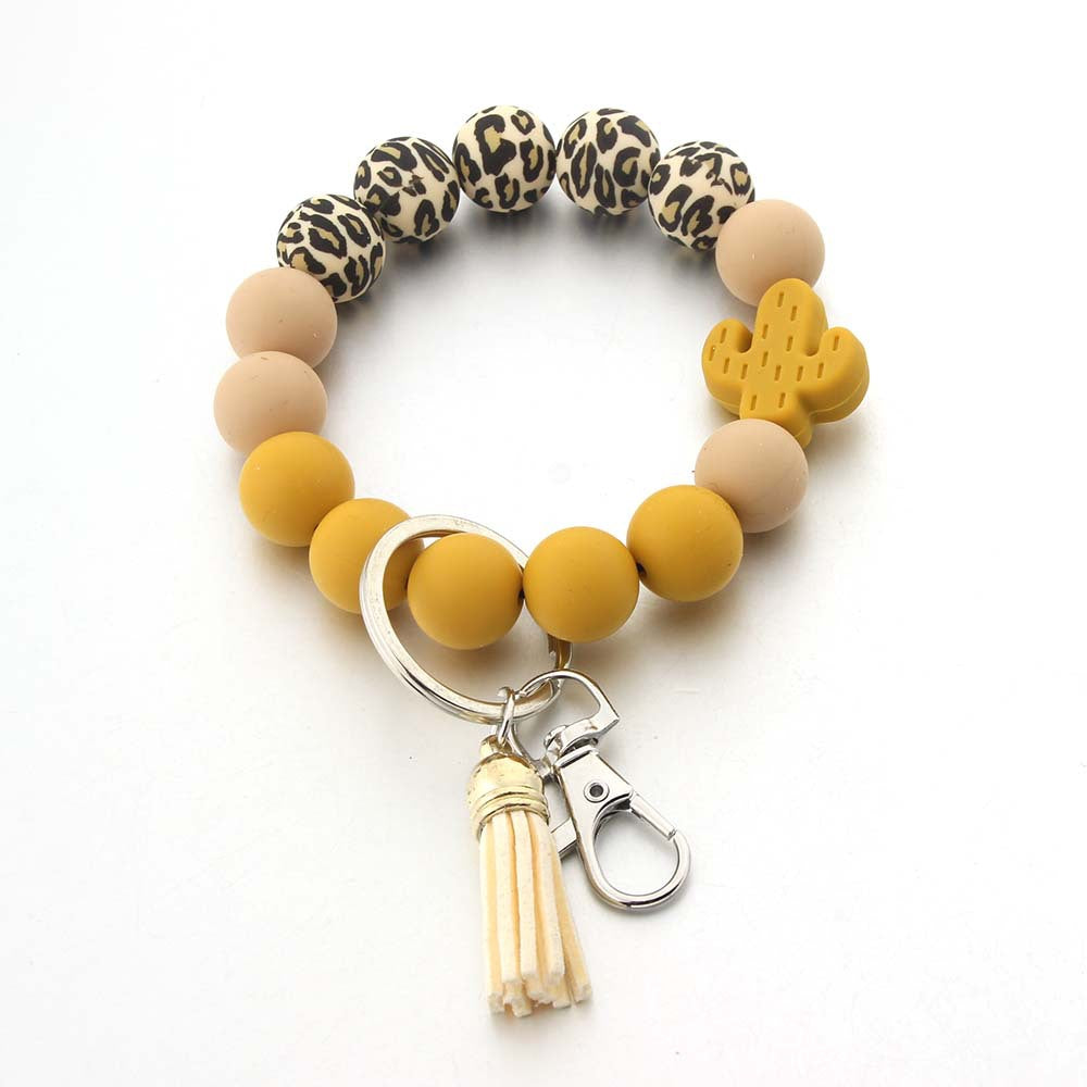 Wholesale Silicone Food Grade Wooden Beads Cartoon Tassel Wrist Keychain