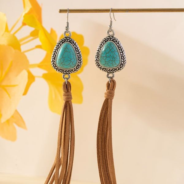 Wholesale Retro T-shaped turquoise tassel coffee-colored earrings