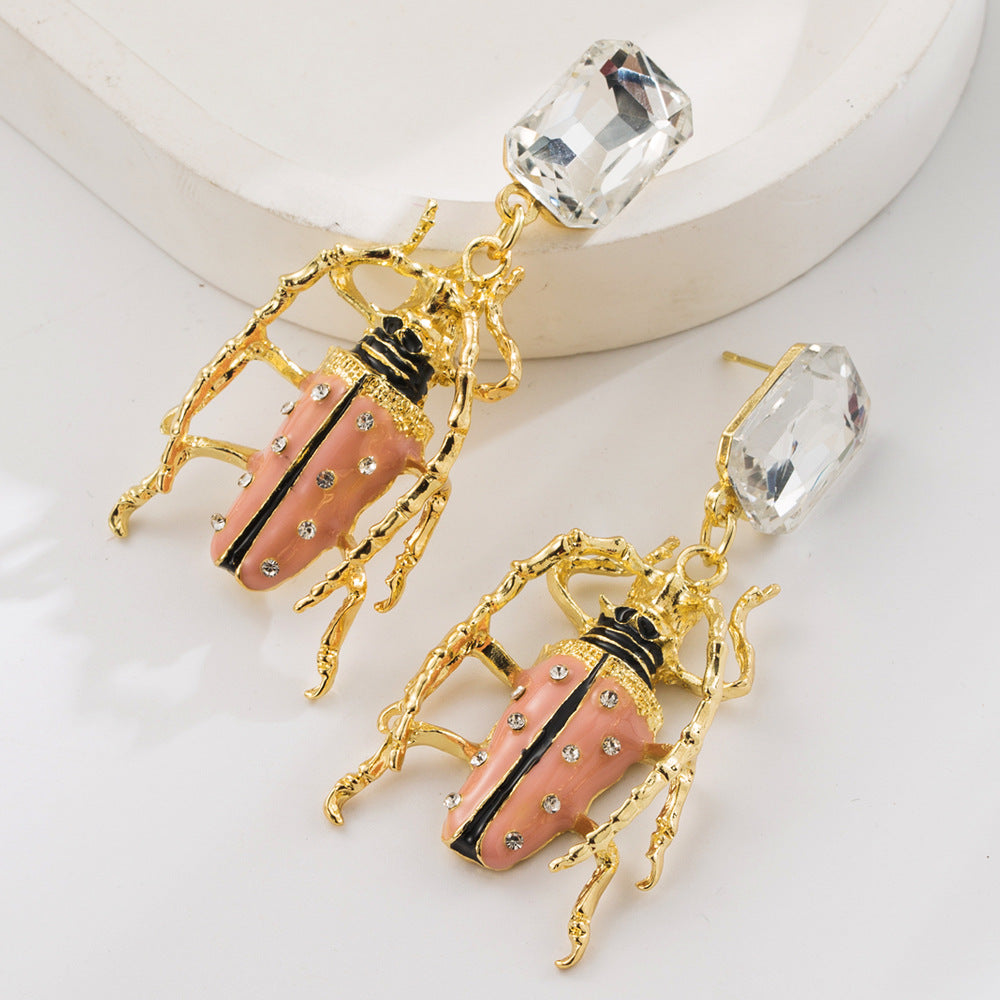 Wholesale Alloy Oil-Drop Inlaid Diamond Insect Earrings Red Green White Beetle Earrings