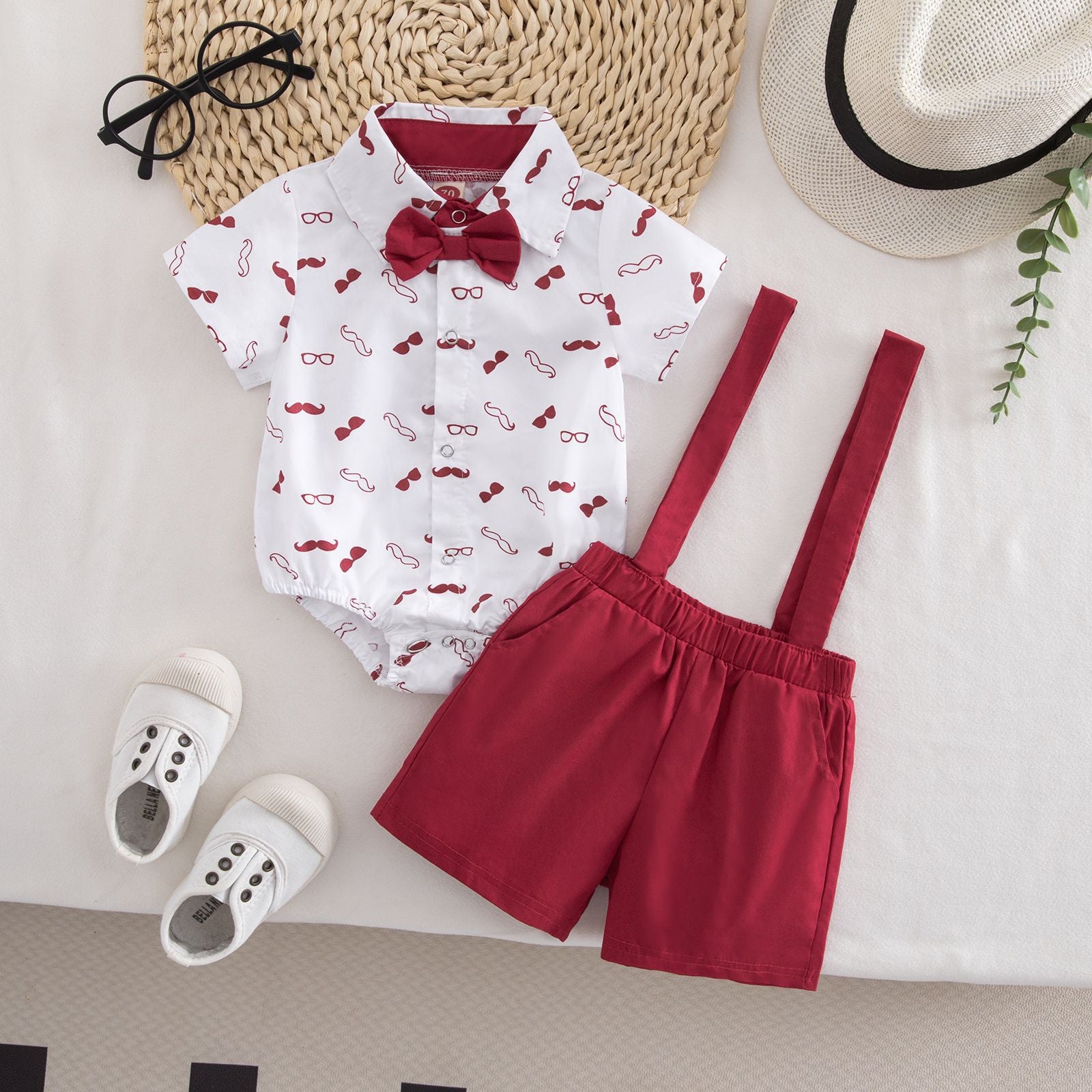 Wholesale Stylish Korean Style Baby Boy Summer Outfit Two Piece Set Printed Short Sleeve Top And Suspender Pants