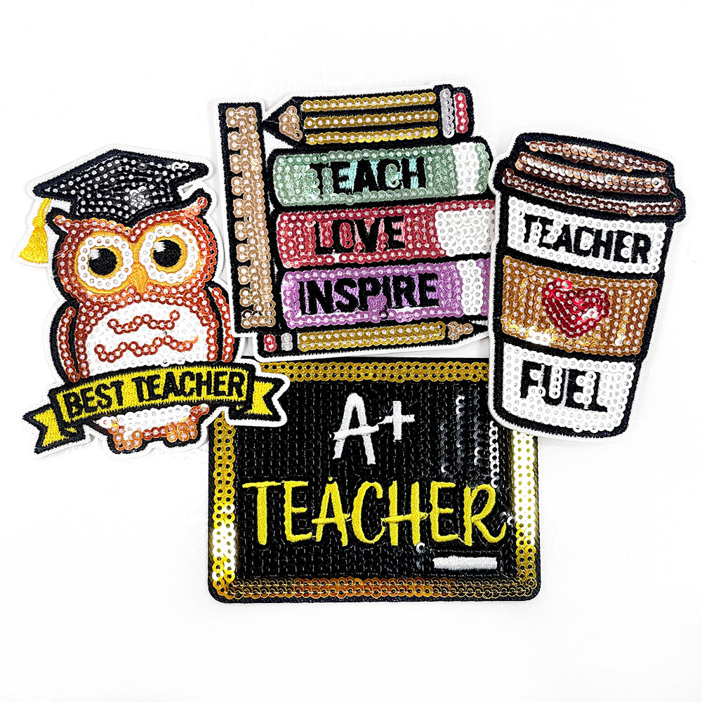 Wholesale Teacher S Day Owl Book Sequin Patch Iron On For Coat Gift