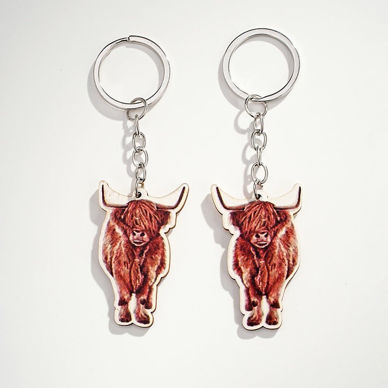Wholesale Highland Cattle Wooden Animal Key Chain