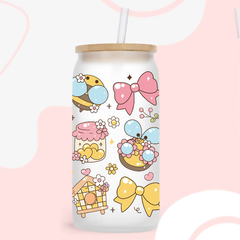 Wholesale Colorful bee flowers 16oz Cup UV DTF Wraps