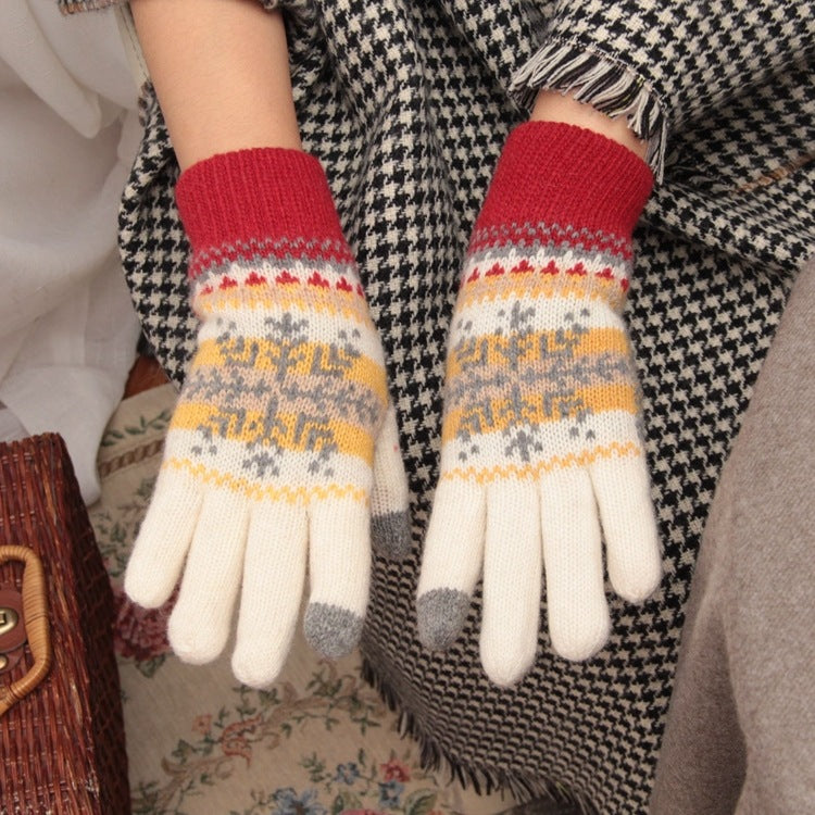 Wholesale Plus Velvet and Thickened Winter Five-finger Double-layer Cold-proof Snowflake Wool Gloves