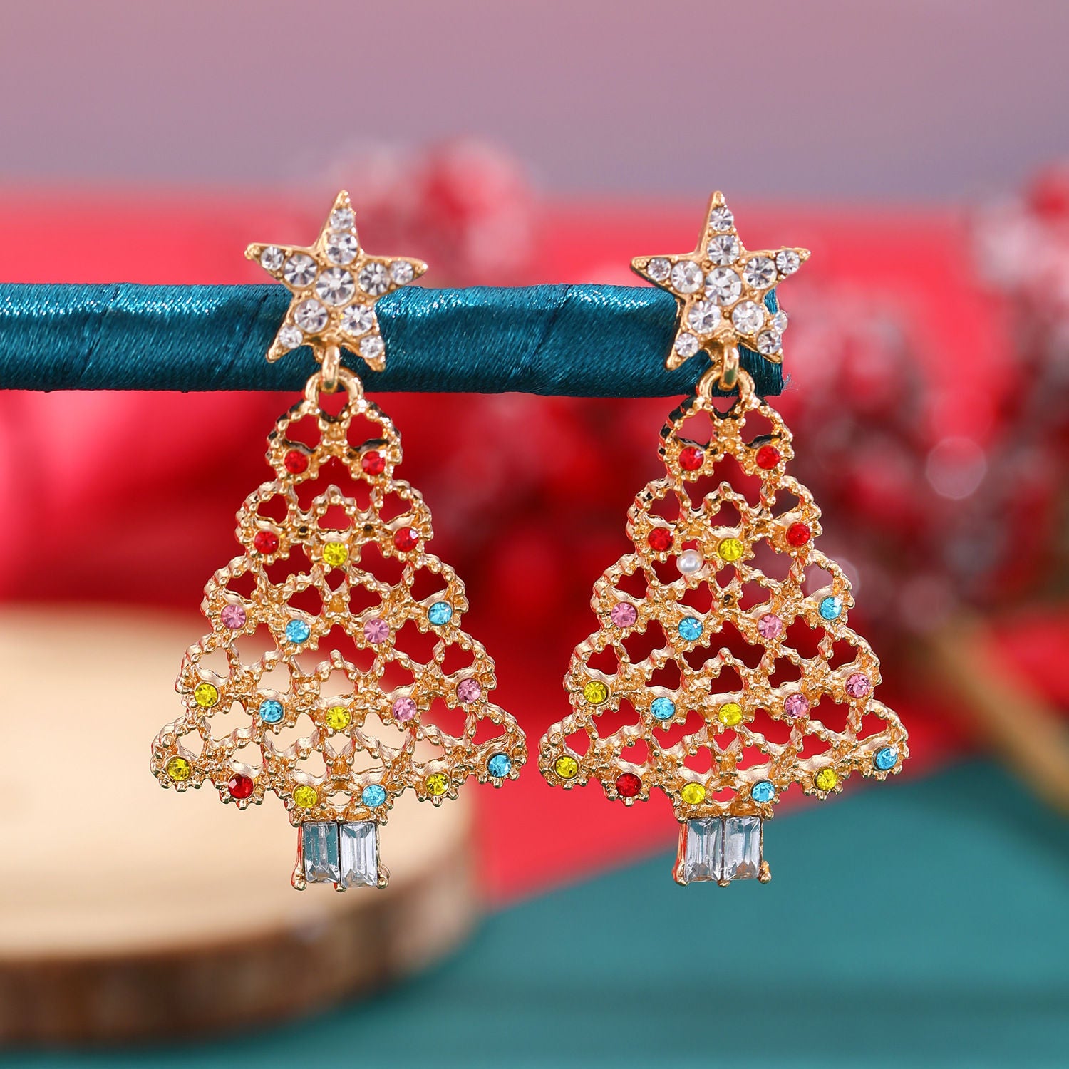 Wholesale Unique and stylish colored diamond Christmas tree earrings