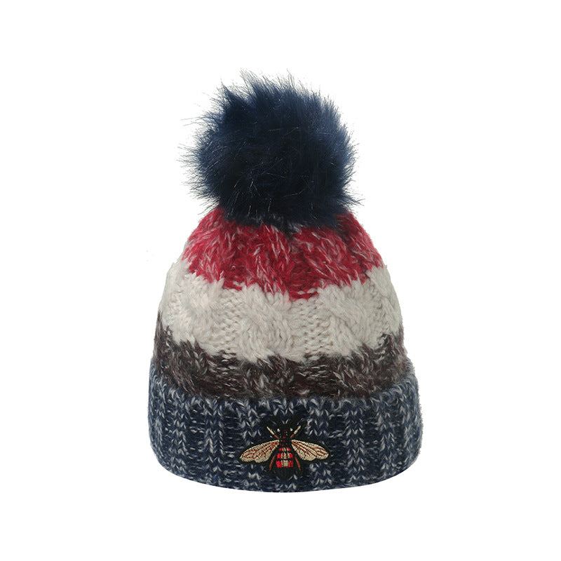 Wholesale Autumn and Winter Thickened Warm Striped Bee Knitted Hat for Women