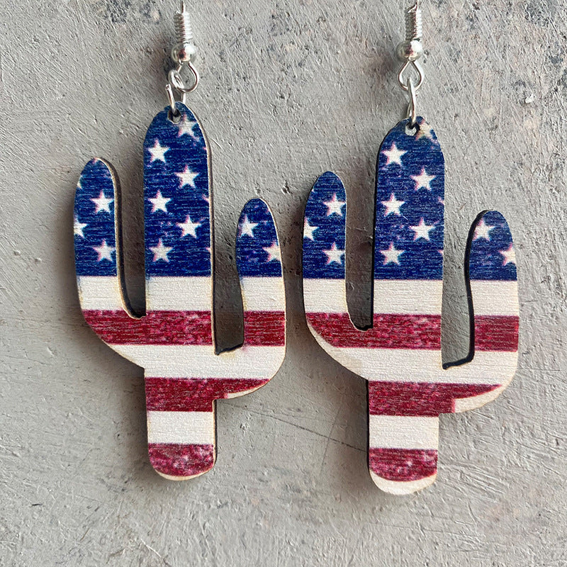 Wholesale 2 Pair/Pack American Independence Day Star Hat Earrings Cactus Wood Earrings