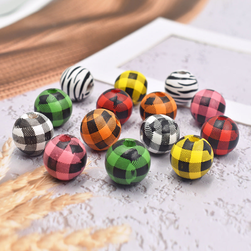 Wholesale 10PCS Houndstooth Wooden Beads DIY Beads Colored Plaid Wooden Beads