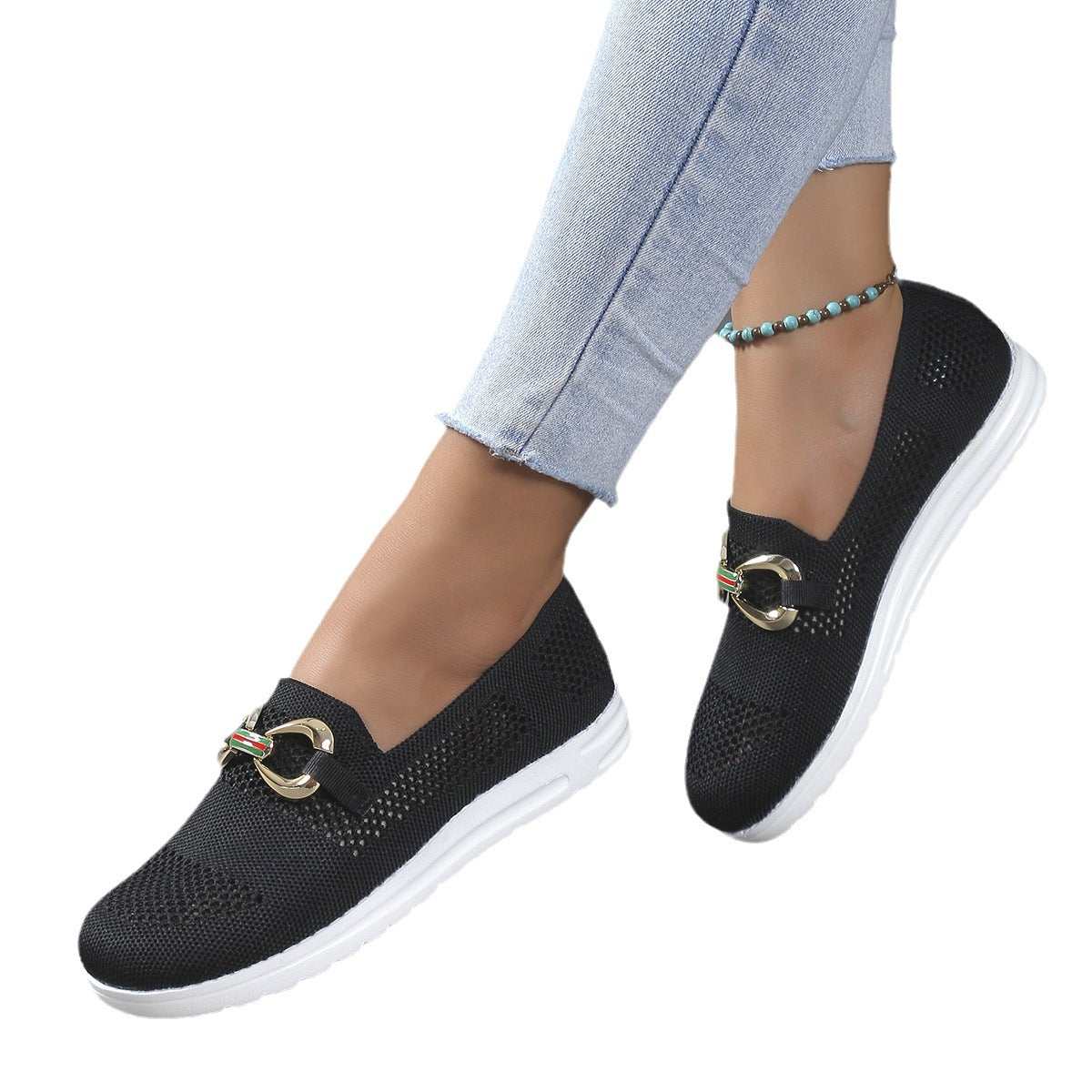 Wholesale Metal Chain Slope Heel Thick Sole One Step Breathable Lightweight Mesh Large Casual Single Shoes for Women