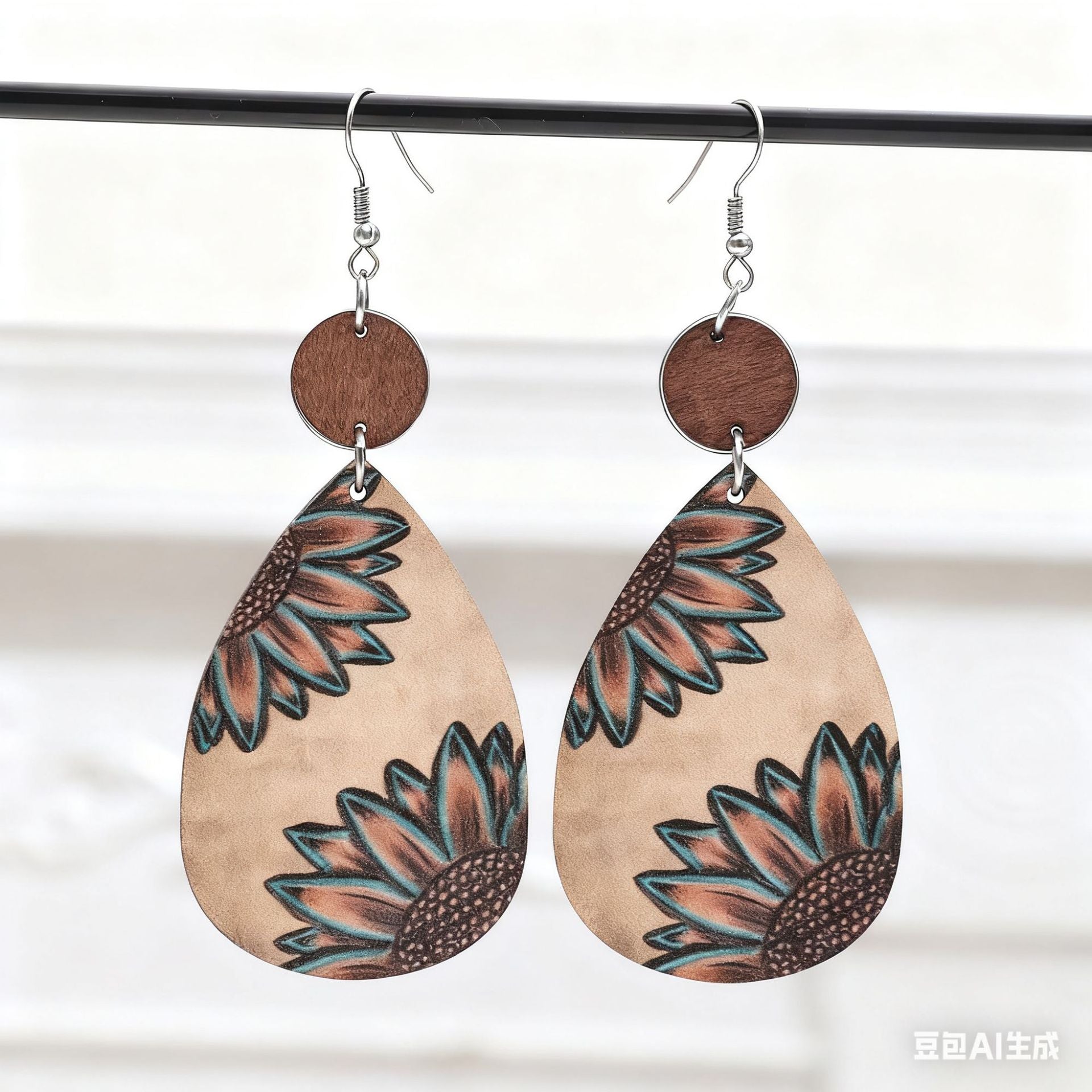 Wholesale Lightweight Retro Wooden Sunflower Cow Print Earrings Trendy Western Farm Style Jewelry Accessory Gift