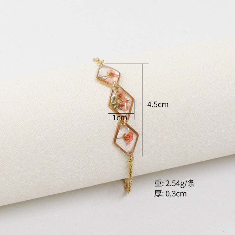 Wholesale 6PCS Gold Plated Dried Flower Transparent Resin Bracelet