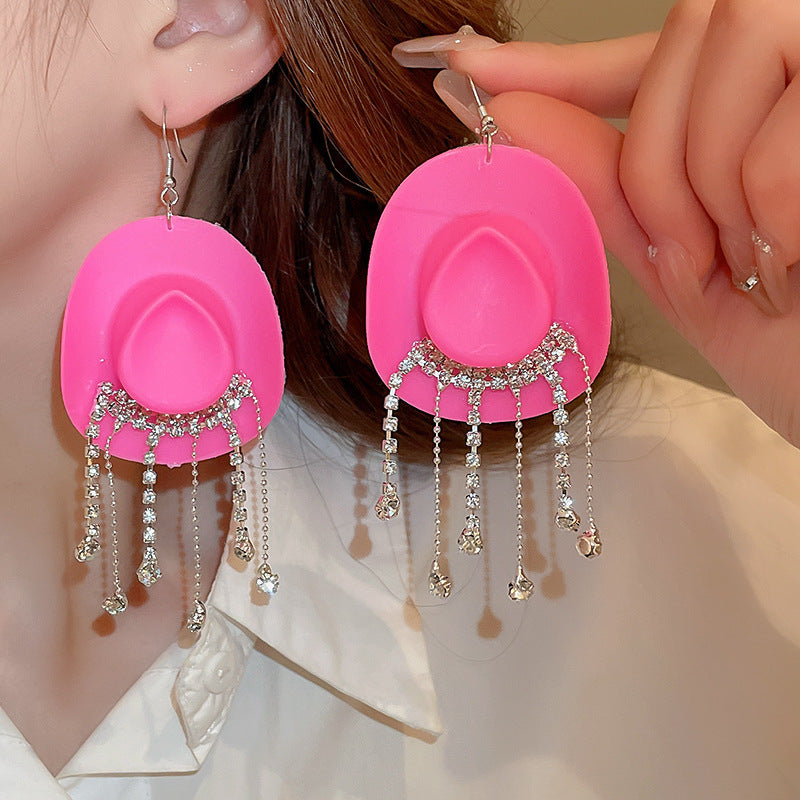 Wholesale Exaggerated rhinestone earrings hip-hop cowboy hat diamond tassel ear hooks