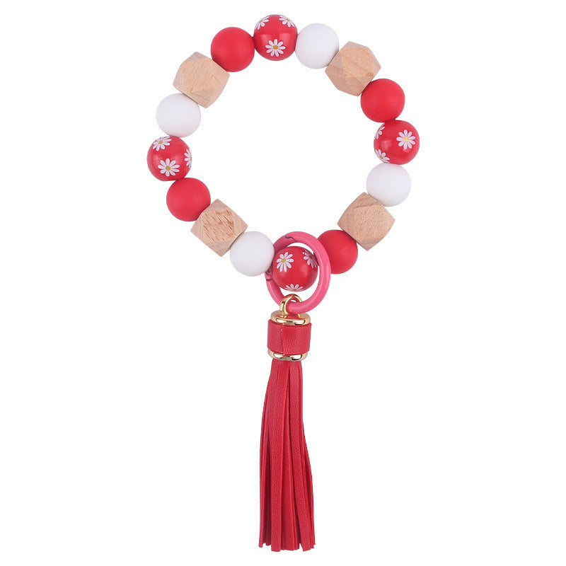Wholesale Wooden Small Daisy Flower Leather PU Short Tassel Handmade Beaded Bracelet Keychains