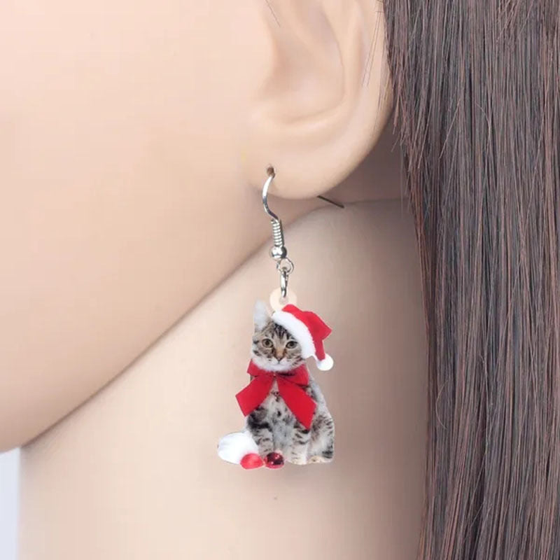 Wholesale Small Cute Christmas Cat Acrylic Holiday Earrings