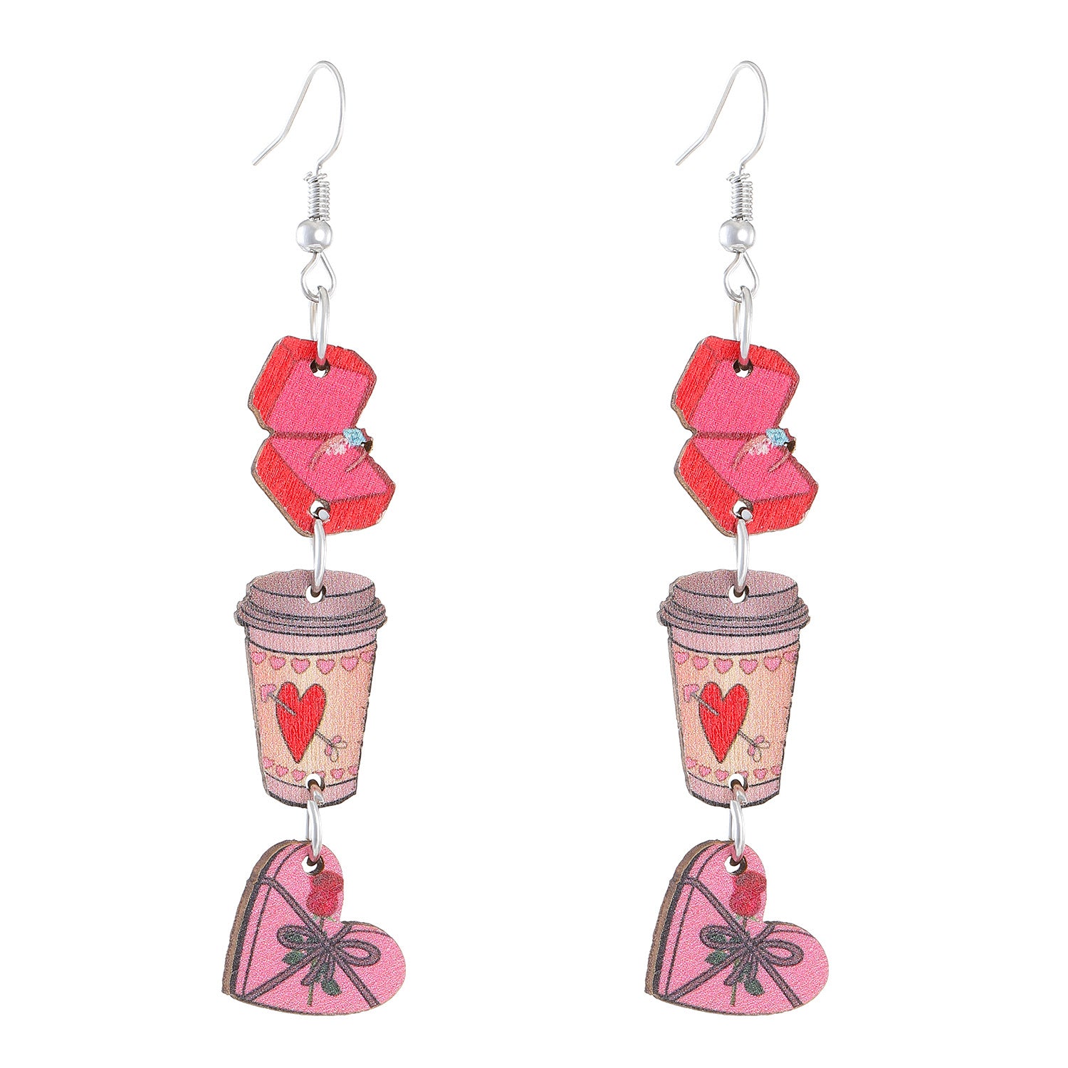 Wholesale Valentine' s Day pink heart-shaped rose fringed earrings