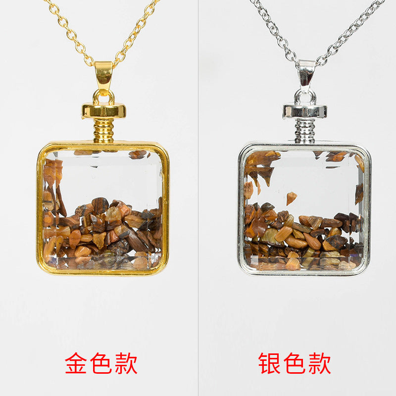 Wholesale Gravel Square Pink Quartz Round Pendant  Crystal Necklace