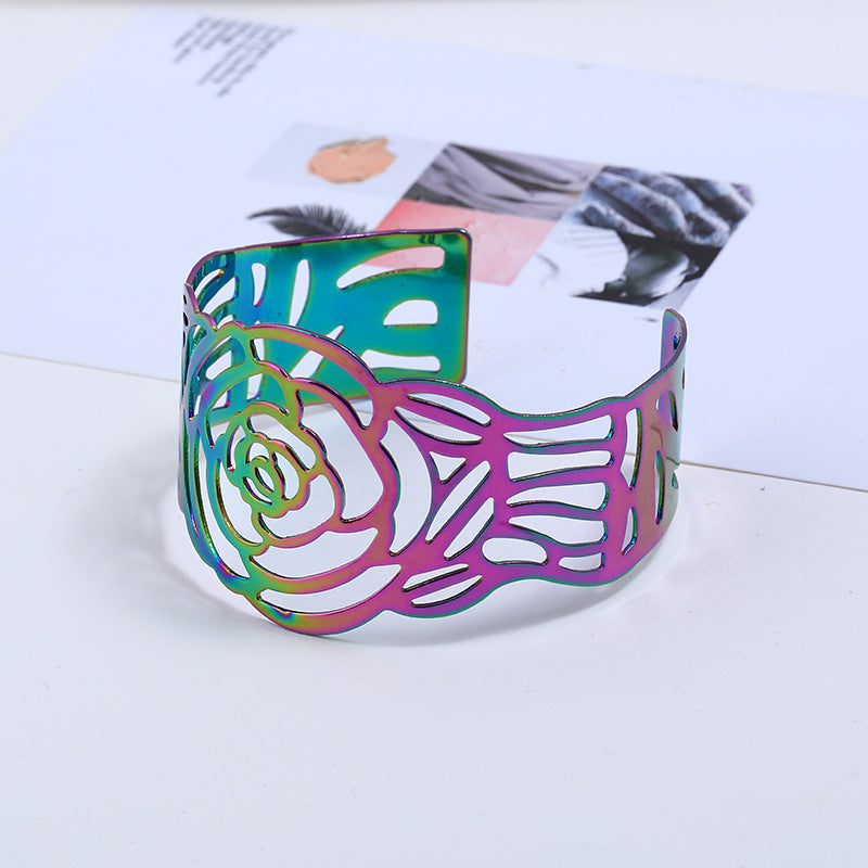 Wholesale Wide hollow metal rose open carved colorful bracelet