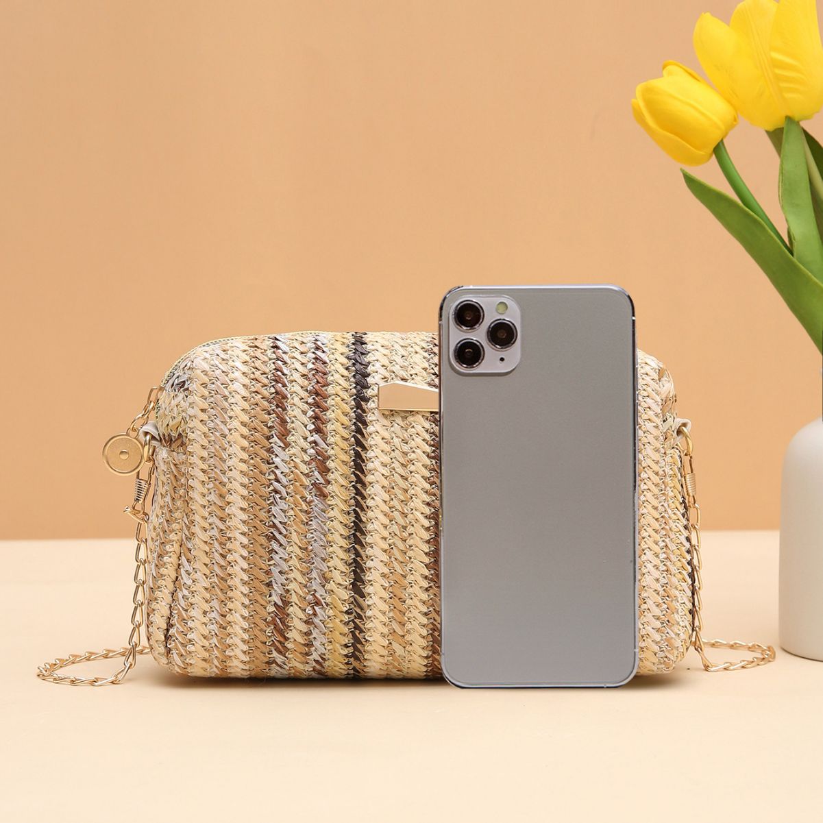 Wholesale Rainbow Straw Woven Camera Bag Crossbody Chain Bag