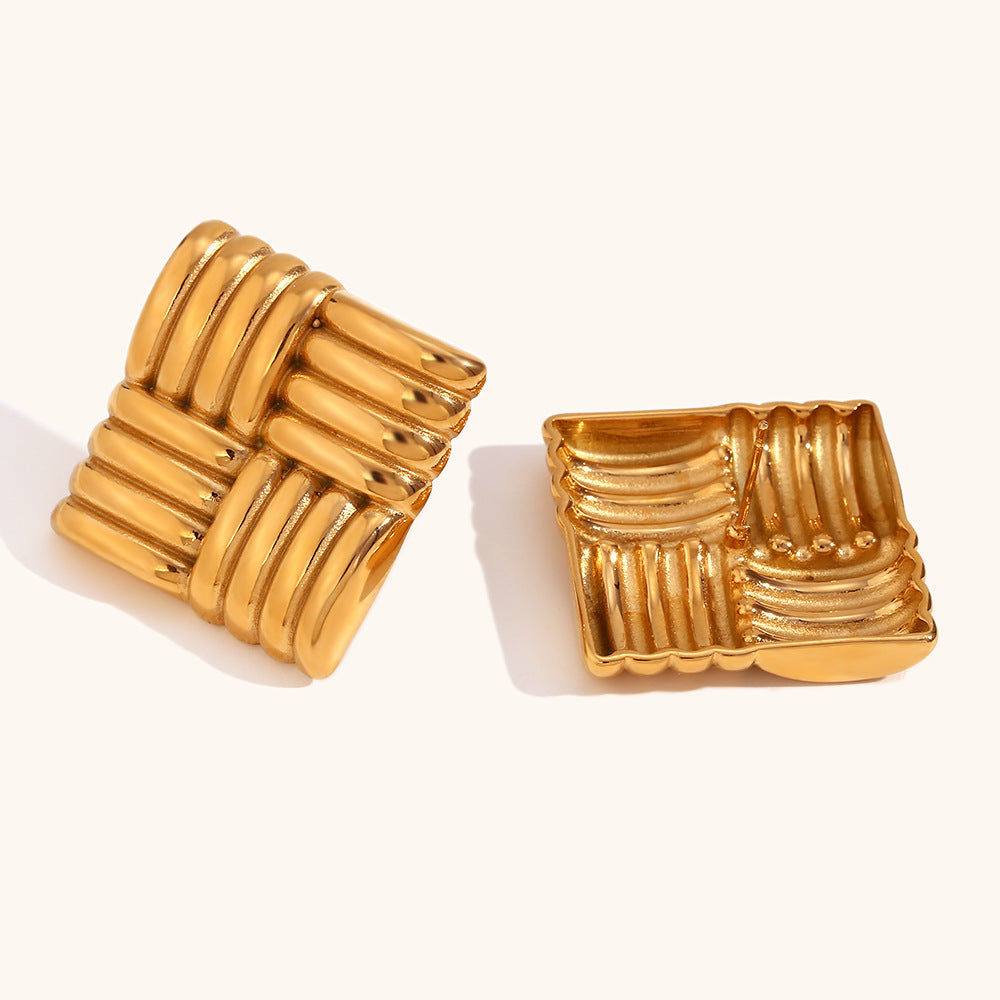 Wholesale Horizontal and Vertical Striped Square Stainless Steel Gold Plated Earrings