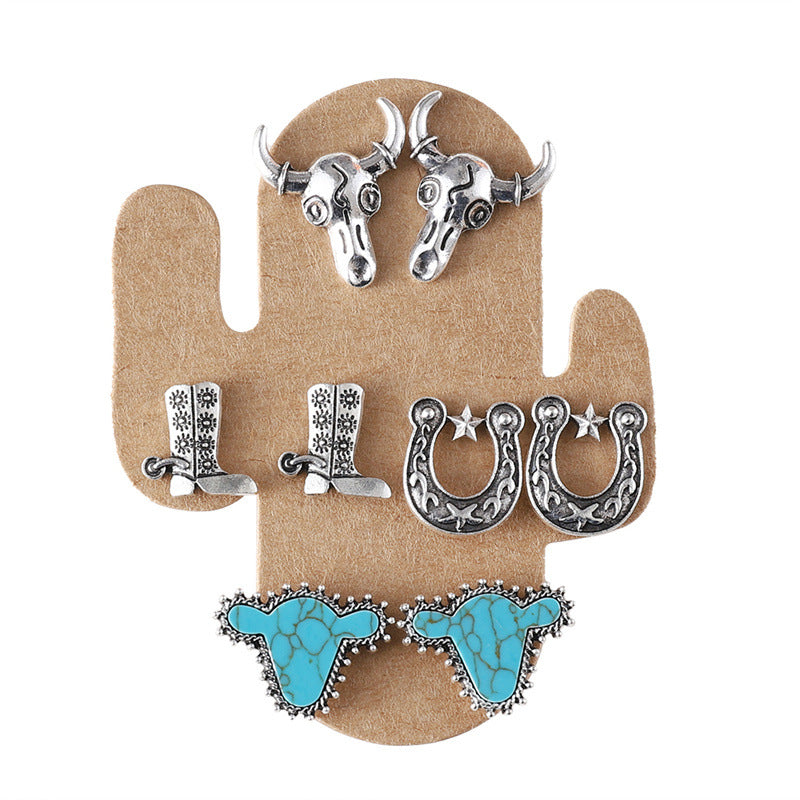 Wholesale Ox-head and horseshoe riding boots 4 pairs of earrings set