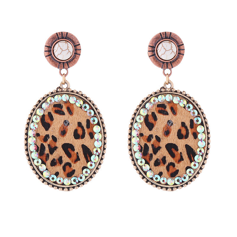 Wholesale Leopard Print Leather Alloy Diamond Turquoise Vintage Earrings