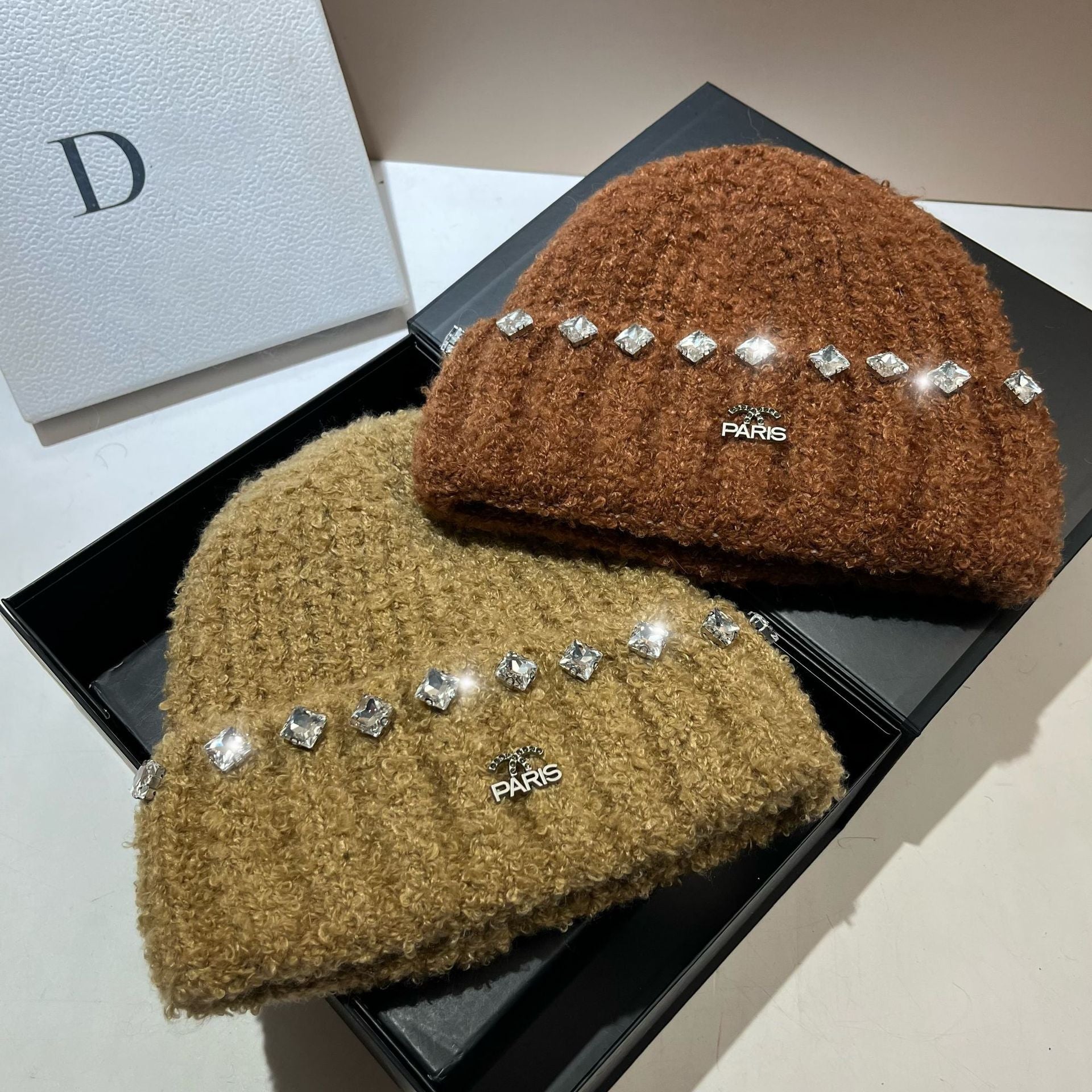 Wholesale Thick Warm Teddy Curl Cute Rhinestone Knitted Hat