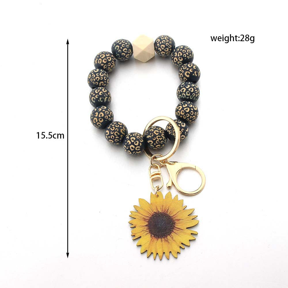 Wholesale Printed Solid Wood Bead Sunflower Wrist Keychain