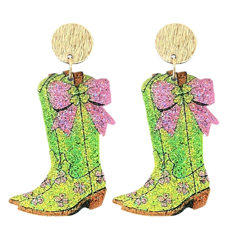 Wholesale  2pairs/pack  St.  Patrick' s Day Acrylic Sparkling Boots Bow Element Earrings