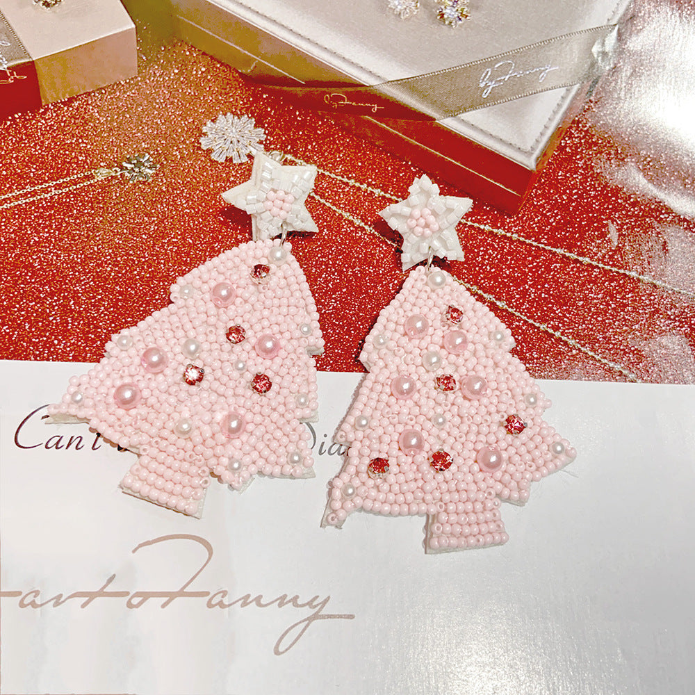 Wholesale Christmas Pink Resin Rice Beads Woven Five Point Star Christmas Tree Earrings