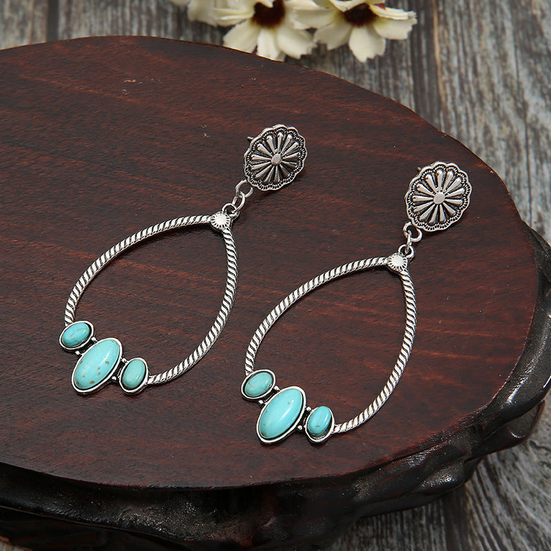 Wholesale Large Circle Teardrop Turquoise Hollow Daisy Exaggerated Earrings