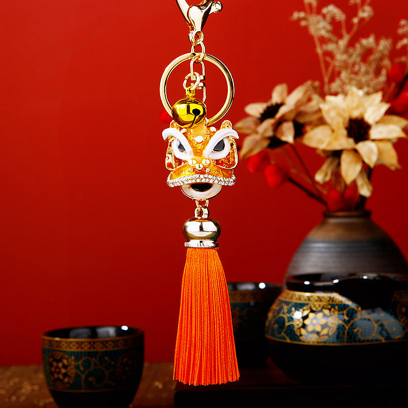 Wholesale Metal Chinese Style Lucky Lion Head Tassel Car Keychain Sapphire Blue Rhinestone Gift For Men Women