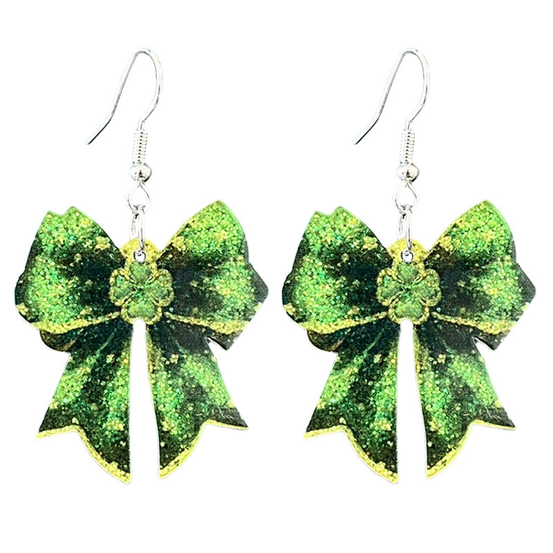 Wholesale  2pairs/pack  St.  Patrick' s Day Acrylic Sparkling Boots Bow Element Earrings