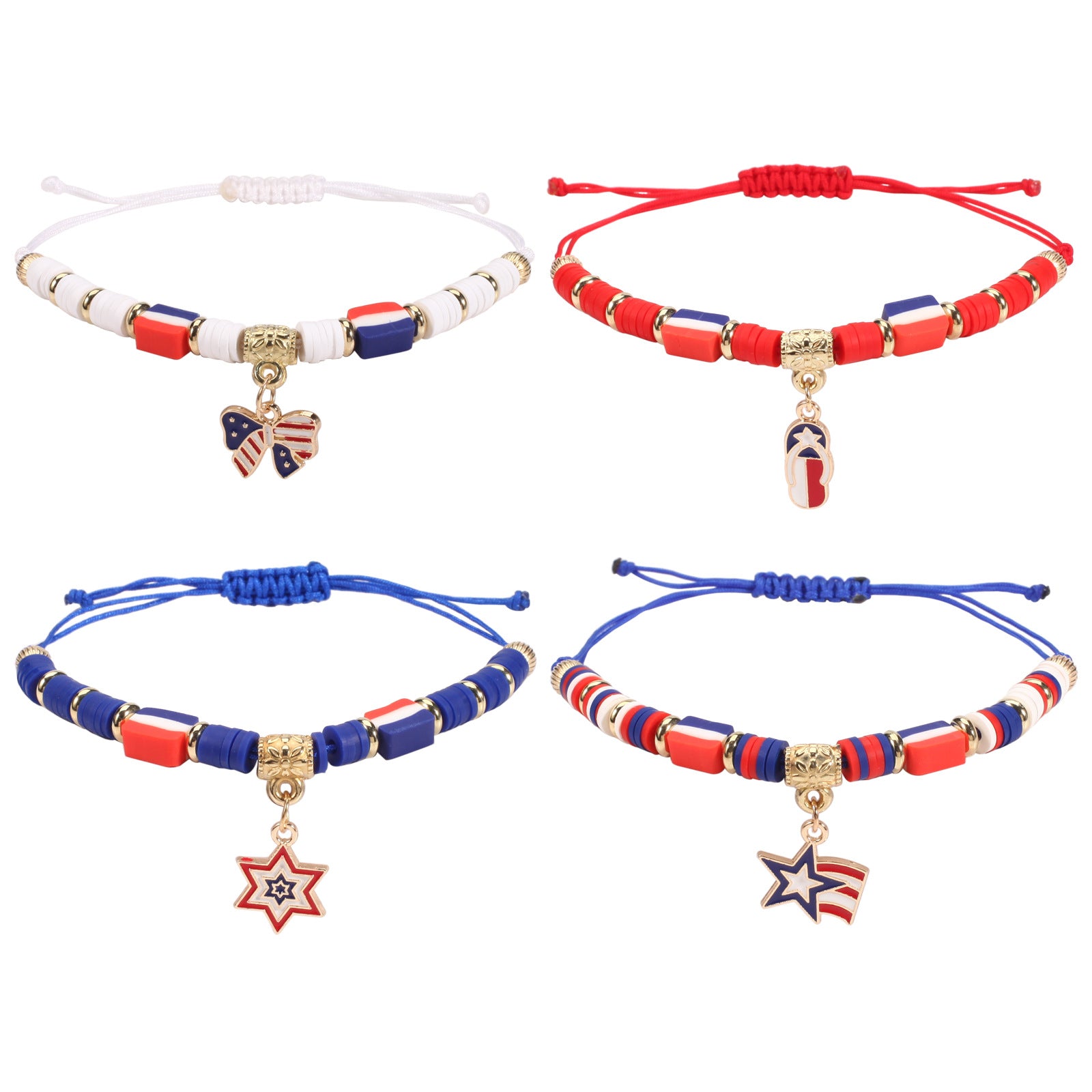 Wholesale Independence Day Braided Adjustable Heart Five-pointed Star Butterfly Red White and Blue Bracelet