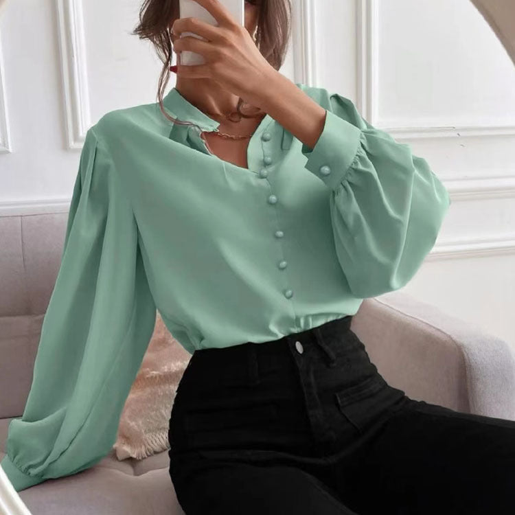 Wholesale New Elegant Solid Lapel Long Sleeve Single-breasted Loose Blouse with Solid Lapels