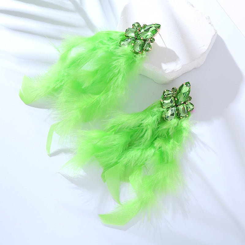Wholesale Alloy Diamond Feather Flower Long Temperament Tassel Earrings