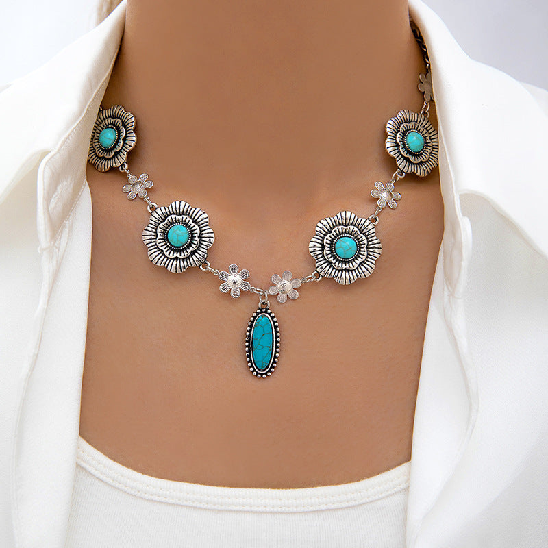Wholesale Bohemian Style Vintage Turquoise Flower Necklace