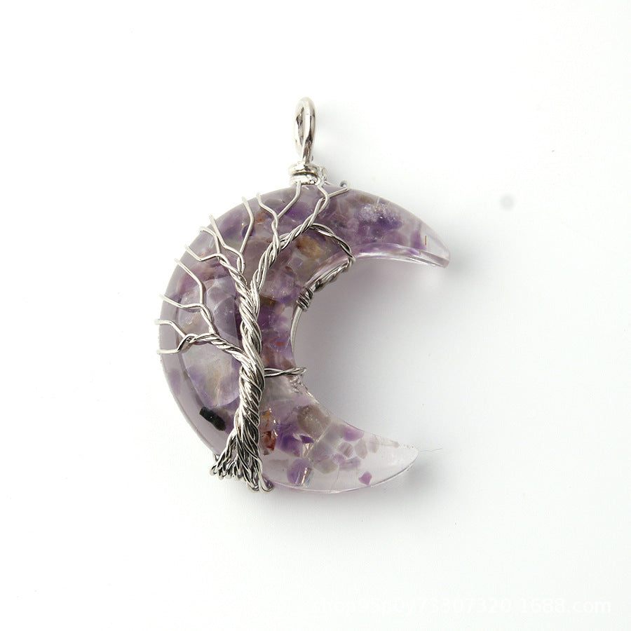 Wholesale Moon Wrap Tree of Life Gravel Pendant Resin Stainless Steel Chain Tooth Necklace