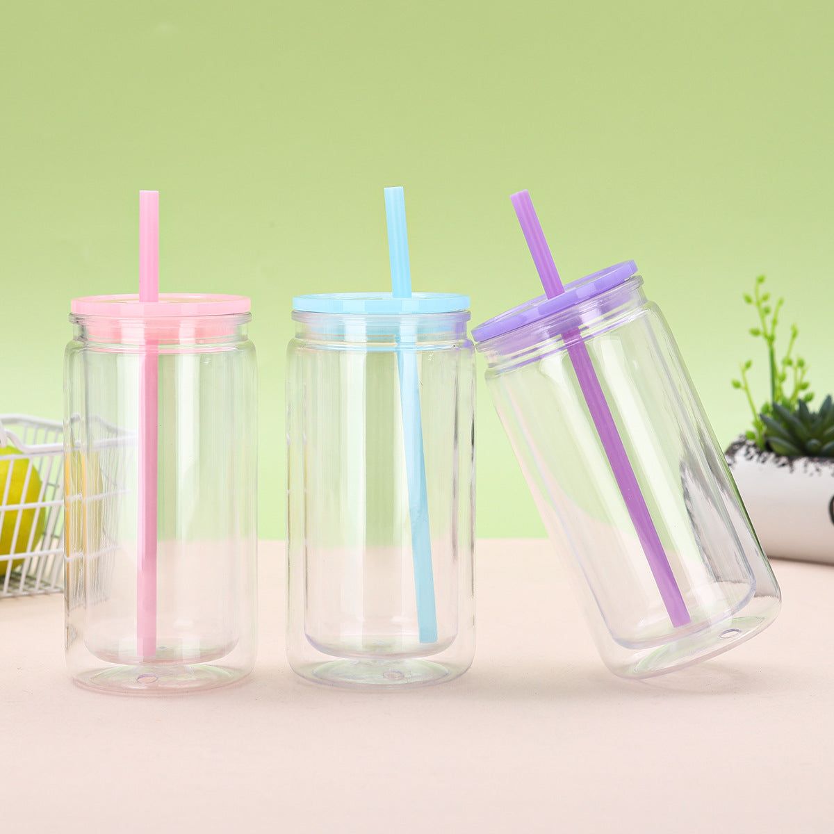 Wholesale Double Layer 16oz Plastic Cup Environmentally Friendly Acrylic Jelly Color Mason Cup Color Lid Can Be DIY Can Be Sticker