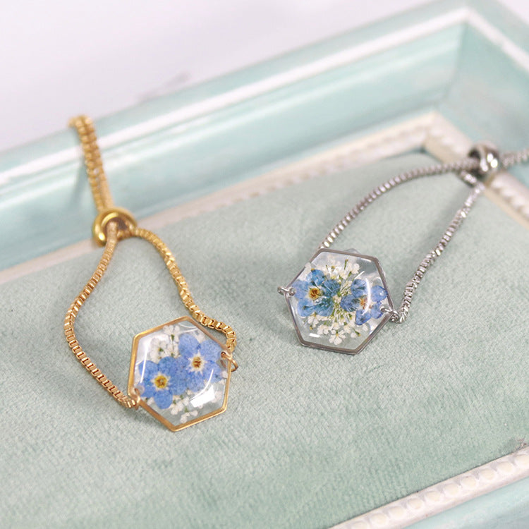 Wholesale New Hexagonal Dried Flower Bracelet Gold Silver Color Small Flower Forget-Me-Not Dried Flower Stainless Steel Chain