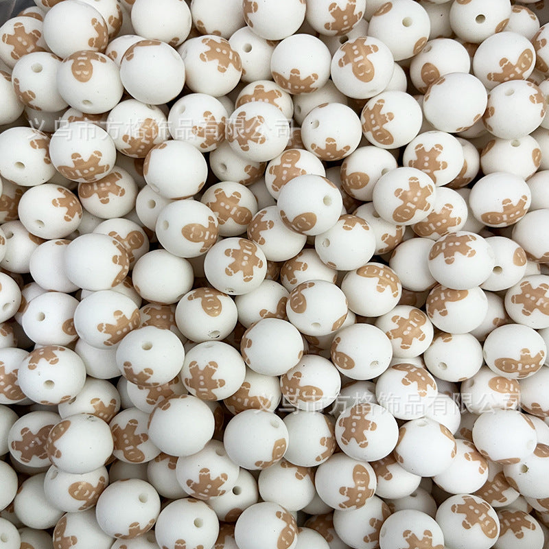 Wholesale 50pcs DIY Christmas Snowman Christmas Tree Printing 15mm Silicone Beads