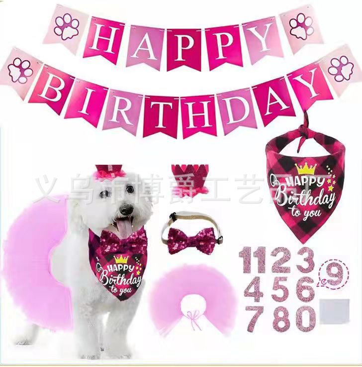 Wholesale Pet Dog Birthday Party Tulle Skirt Bone Necklace Crown Set