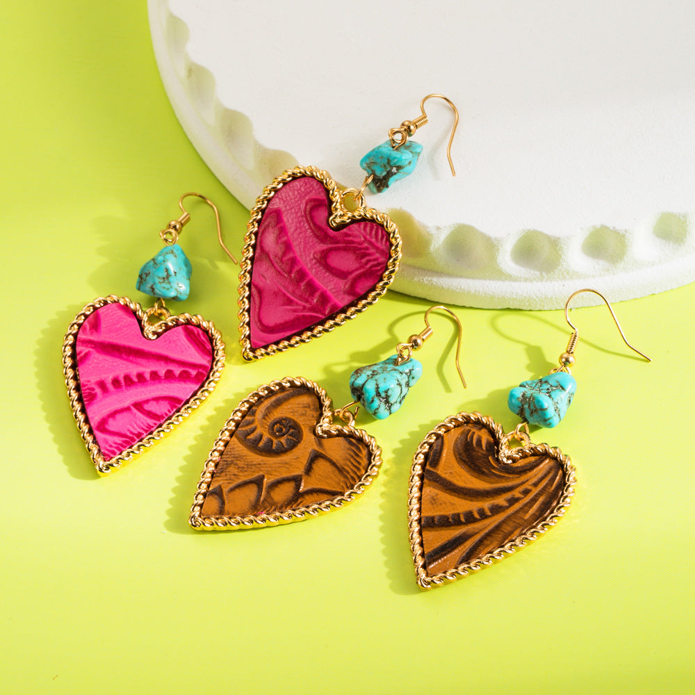 Wholesale Leather print and turquoise heart earrings