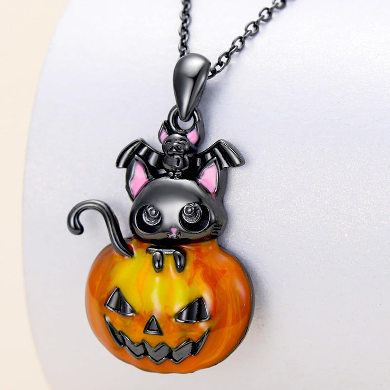 Wholesale  Halloween Pumpkin Cat Funny Pendant Gothic Bat Oil Pink Cat Clavicle Chain Dress Up Necklace