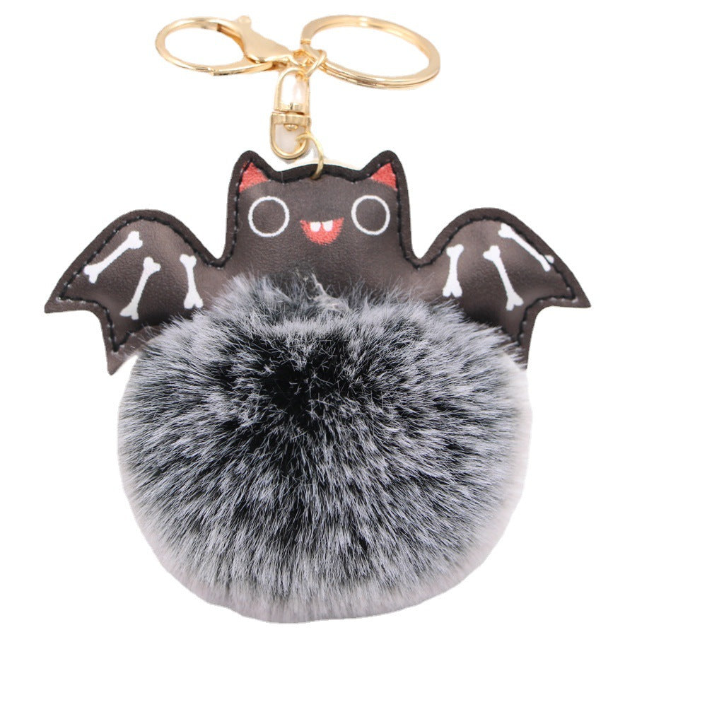 Wholesale Trendy  Bat PU Leather Bag Charm Keychain With Plush Pom Pom Gift For Bags And Car Keys