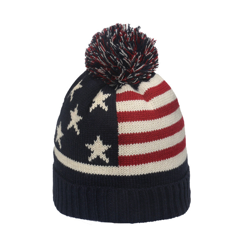 Wholesale American Flag Star Stripe Pom Pom Warm Knitted Hat